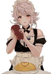 Rule 34 | 1boy, alternate costume, apron, commentary request, corrin (fire emblem), corrin (male) (fire emblem), crossdressing, detached sleeves, enmaided, eyelashes, fire emblem, fire emblem fates, food, heart, highres, holding, ketchup bottle, looking at viewer, maid, maid headdress, male focus, nintendo, omelet, omurice, red eyes, short sleeves, sidelocks, silver hair, simple background, solo, trap, w (1999 kyu), white background