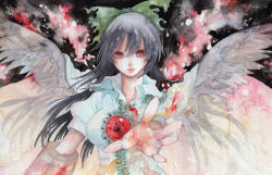 Rule 34 | 1girl, bad id, bad pixiv id, black hair, bow, cape, dress shirt, feathered wings, female focus, fire, frills, gem, hair bow, lips, long hair, outstretched hand, painting (medium), pinkxxxna, red eyes, reiuji utsuho, shirt, solo, torn clothes, touhou, traditional media, upper body, watercolor (medium), wings
