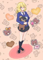 Rule 34 | 1girl, absurdres, animal print, arrow through heart, bandages, bc freedom school uniform, bear print, black dress, black footwear, black socks, blonde hair, blue cardigan, blue eyes, blue necktie, blush, boko (girls und panzer), brown background, cardigan, closed mouth, commentary request, diagonal-striped clothes, diagonal-striped necktie, diagonal-striped neckwear, dress, dress shirt, envelope, french commentary, frown, full body, girls und panzer, heart, heart print, highres, holding, holding stuffed toy, kneehighs, long sleeves, looking at viewer, mary janes, medium hair, messy hair, mixed-language commentary, necktie, one eye closed, oshida (girls und panzer), partial commentary, pinafore dress, pleated dress, red necktie, school uniform, shibainutank, shirt, shoes, short dress, sleeveless, sleeveless dress, socks, solo, standing, striped clothes, striped necktie, striped neckwear, stuffed toy, white shirt, wing collar