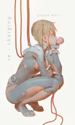Rule 34 | 1girl, blonde hair, bodysuit, breasts, brown eyes, blowing bubbles, cable, chewing gum, cyborg, elbow pads, english text, from side, gloves, grey bodysuit, hand on own cheek, hand on own face, hand up, knee pads, kneeling, medium breasts, original, short hair, sidelocks, simple background, solo, subdermal port, timbougami