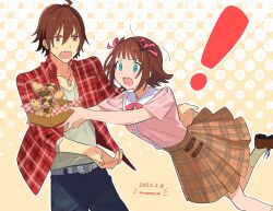 Rule 34 | !, 1boy, 1girl, ahoge, amagase touma, amami haruka, blue pants, bow, bowtie, brown eyes, brown footwear, brown skirt, catching, checkered clothes, checkered shirt, checkered skirt, collar, constricted pupils, cookie, dated, denim, food, green eyes, hair between eyes, hair ribbon, hand up, idolmaster, idolmaster (classic), idolmaster side-m, jeans, light blush, light brown background, long sleeves, looking ahead, looking at another, momose (oqo), open mouth, pants, pink bow, pink bowtie, pink shirt, red ribbon, red shirt, ribbon, shirt, shoes, short hair, short sleeves, sidelocks, signature, skirt, socks, tripping, v-shaped eyebrows, white collar, white shirt