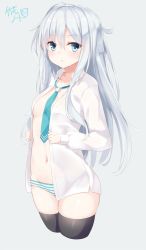 Rule 34 | 10s, 1girl, :&lt;, bad id, bad twitter id, black thighhighs, blue eyes, blush, cowboy shot, cropped legs, dress shirt, groin, hair between eyes, hibiki (kancolle), highres, kantai collection, long hair, navel, necktie, no bra, no pants, open clothes, open shirt, panties, shirt, silver hair, simple background, solo, striped clothes, striped panties, sweat, takehana note, thighhighs, underwear, wide hips