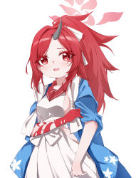 Rule 34 | 1girl, blue archive, blue kimono, breasts, dragon tail, dress, eyeliner, flyingkite, hair ribbon, halo, highres, horns, japanese clothes, kimono, long hair, long sleeves, looking at viewer, makeup, open mouth, parted bangs, pleated skirt, ponytail, red eyes, red hair, red sailor collar, renge (blue archive), ribbon, sailor collar, sideless outfit, single horn, skirt, small breasts, smile, solo, tail, white dress, wide sleeves