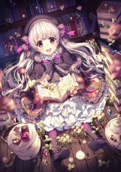 Rule 34 | 10s, 1girl, :d, artist name, beret, black gloves, black hat, blurry, book, bookshelf, boots, bow, bowtie, capelet, checkerboard cookie, clover, cookie, cupcake, depth of field, dress, fate/extra, fate (series), feathers, flower, food, food print, frilled dress, frills, full body, fur trim, gloves, grey hair, hair ribbon, hat, highres, holding, holding book, library, long hair, long sleeves, looking at viewer, mushroom print, nursery rhyme (fate), on floor, open book, open mouth, plate, potion, purple eyes, ribbon, rosuuri, round teeth, sitting, smile, solo, sparkle, tareme, teapot, teeth, tiered tray, tray, watch, watermark, web address, wooden floor