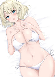 Rule 34 | 1girl, bare arms, bare legs, bare shoulders, bed sheet, bikini, blonde hair, blue eyes, blush, breasts, cleavage, collarbone, colorado (kancolle), cowboy shot, groin, highres, kantai collection, large breasts, navel, open mouth, short hair, solo, swimsuit, takomeshi, white bikini