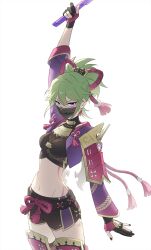 Rule 34 | 1girl, angduuuu (ghost), arm up, black gloves, black shirt, black shorts, breasts, commentary, cowboy shot, crop top, cropped jacket, dagger, genshin impact, gloves, green hair, highres, holding, holding dagger, holding knife, holding weapon, jacket, knife, kuki shinobu, long sleeves, looking at viewer, mask, midriff, mouth mask, navel, open clothes, open jacket, ponytail, purple eyes, purple jacket, shirt, short hair, short shorts, shorts, simple background, small breasts, solo, standing, stomach, stomach tattoo, tattoo, weapon, white background