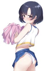 Rule 34 | 1girl, ass, black eyes, black hair, blue skirt, blush, cheerleader, closed mouth, clothes lift, commentary request, deko isu, dot nose, embarrassed, highres, holding, holding pom poms, idolmaster, idolmaster cinderella girls, looking at viewer, miniskirt, panties, pom pom (cheerleading), pom poms, shiragiku hotaru, shirt, short hair, sidelocks, skirt, skirt lift, sleeveless, sleeveless shirt, solo, thighs, underwear, white background, white panties, white shirt