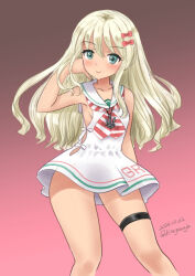 Rule 34 | 1girl, anchor necklace, blonde hair, dress, feet out of frame, gradient background, grecale (kancolle), green eyes, hair ornament, hairclip, jewelry, kantai collection, kitagawa mikio, long hair, neckerchief, necklace, one-hour drawing challenge, pink background, ribbon, sailor collar, sailor dress, sleeveless, sleeveless dress, solo, standing, striped neckerchief, tan, thigh strap, wavy hair, white dress, white ribbon, white sailor collar