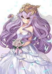 Rule 34 | &gt;:o, 10s, 1girl, :o, bare shoulders, blush, bouquet, breasts, bridal veil, bride, choker, cowboy shot, dress, feathers, flower, granblue fantasy, headpiece, highres, kuronekozero, light purple hair, long hair, looking at viewer, medusa (shingeki no bahamut), pointy ears, red eyes, rose, see-through, shingeki no bahamut, simple background, small breasts, snake, solo, strapless, strapless dress, thighs, v-shaped eyebrows, veil, very long hair, wedding dress, white background, white dress
