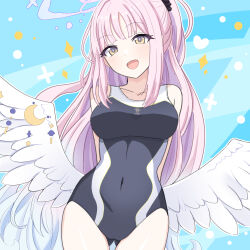 Rule 34 | 1girl, angel wings, black one-piece swimsuit, blue archive, blush, breasts, collarbone, cowboy shot, crescent, crescent pin, daiichi (1279220), feathered wings, gluteal fold, halo, highres, large breasts, long hair, looking at viewer, mika (blue archive), one-piece swimsuit, open mouth, pink hair, pink halo, school swimsuit, smile, solo, swimsuit, white wings, wings, yellow eyes