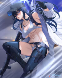 Rule 34 | 1girl, alternate costume, bare shoulders, black thighhighs, blue archive, blue eyes, bra, breasts, coat, gloves, gun, halo, hat, highres, jacket, knife sheath, large breasts, long hair, looking at viewer, midriff, navel, off shoulder, open clothes, open jacket, open mouth, panties, saori (blue archive), sheath, solo, sports bra, thighhighs, thighs, underboob, underwear, vilde loh hocen, weapon, white bra, white coat, white panties