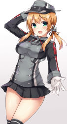 Rule 34 | 10s, 1girl, blonde hair, gloves, gradient background, hair ornament, hat, highres, kantai collection, long hair, peaked cap, prinz eugen (kancolle), solo, suna (transports), twintails, uniform