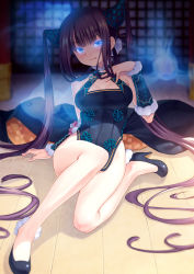 Rule 34 | 1girl, absurdres, black dress, blue eyes, blunt bangs, blush, breasts, china dress, chinese clothes, closed mouth, detached sleeves, dress, fate/grand order, fate (series), floral print, glowing, glowing eyes, hair ornament, high heels, highres, huge filesize, kazuma muramasa, knee up, large breasts, legs, looking at viewer, photoshop (medium), pumps, purple hair, sidelocks, sitting, smile, solo, twintails, yang guifei (fate), yang guifei (second ascension) (fate)