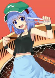 Rule 34 | 1girl, :d, armpits, bare shoulders, blue eyes, blue hair, breasts, chopsticks, collarbone, food, grill, hair bobbles, hair ornament, hat, kawashiro nitori, looking at viewer, matching hair/eyes, meat, navel, open mouth, saemon (tonpura), short hair, sideboob, sleeveless, smile, solo, tank top, touhou, twintails, two side up, wristband, yakiniku
