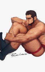 Rule 34 | 1boy, arm hair, ass, bara, beard, black hair, bulge, facial hair, frown, full body, hand on own face, highres, jockstrap, leg hair, hugging own legs, male focus, male underwear, muscular, muscular male, original, pectorals, powerlesssong, red eyes, red male underwear, short hair, sitting, skindentation, socks, solo, thick eyebrows, thick thighs, thighs, underwear, underwear only, white background