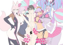 Rule 34 | 1boy, 4girls, bb (fate), bb (fate) (all), bb (swimsuit mooncancer) (fate), bb (swimsuit mooncancer) (second ascension) (fate), bikini, black bodysuit, blue hair, bodysuit, breasts, censored, clothed female nude male, command spell, covering face, fate/grand order, fate (series), futa with male, futanari, glass, hair ornament, hair over one eye, hand on another&#039;s head, hand on another&#039;s waist, hand tattoo, heart, heart censor, horns, huge breasts, huge penis, huge testicles, ibuki douji (fate), ibuki douji (swimsuit berserker) (fate), ibuki douji (swimsuit berserker) (second ascension) (fate), koyanskaya (assassin) (first ascension) (fate), koyanskaya (fate), ky., large breasts, mash kyrielight, multiple girls, necktie, nude, one eye closed, pantyhose, penis, penis grab, pink hair, pointy ears, pom pom (cheerleading), purple hair, revealing clothes, simple background, smile, star (symbol), star hair ornament, swimsuit, tattoo, testicles, twintails, white background, you gonna get raped