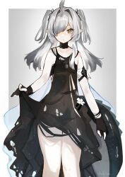 Rule 34 | 1girl, ahoge, andou yuna, arknights, bare shoulders, black choker, black dress, black gloves, blush, border, choker, collarbone, cowboy shot, crocodilian tail, dress, flat chest, gloves, grey background, grey hair, highres, long hair, looking at viewer, outside border, parted lips, partially fingerless gloves, pointy ears, simple background, skirt hold, sleeveless, sleeveless dress, solo, tail, thigh gap, tomimi (arknights), torn clothes, torn dress, twitter username, two side up, white border, yellow eyes