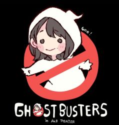 Rule 34 | 1girl, akb48, black background, black eyes, black hair, blush, chibi, commentary request, english text, ghost costume, ghostbusters, long hair, mole, mole above mouth, murayama yuiri, no symbol, o o, parody, real life, simple background, smile, solo, taneda yuuta