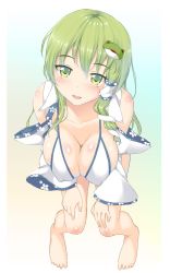 Rule 34 | 1girl, bare legs, bare shoulders, barefoot, bikini, bikini top only, blush, breasts, cleavage, collarbone, covered erect nipples, detached sleeves, floral print, frog hair ornament, full body, green eyes, green hair, hair between eyes, hair ornament, hair tubes, head tilt, highres, ichio, japanese clothes, kochiya sanae, large breasts, leaning forward, long hair, long sleeves, looking at viewer, matching hair/eyes, miko, open clothes, open shirt, parted lips, shiny skin, shirt, smile, snake hair ornament, solo, swimsuit, touhou, white bikini, wide sleeves