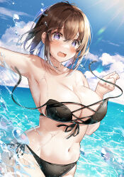 Rule 34 | 1girl, :d, @ @, bare arms, bare shoulders, bikini, black bikini, blue hair, blush, breasts, brown hair, cleavage, collarbone, duplicate, embarrassed, front-tie bikini top, front-tie top, hawawa-chan (shiro kuma shake), highres, large breasts, looking at viewer, medium hair, navel, ocean, open mouth, original, pixel-perfect duplicate, shiro kuma shake, side-tie bikini bottom, smile, solo, stomach, sunlight, swimsuit, torn clothes, torn swimsuit, water, wet
