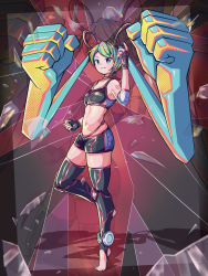 Rule 34 | 1girl, absurdly long hair, aqua eyes, aqua hair, black gloves, black legwear, black shorts, black tank top, broken glass, clenched hand, closed mouth, commentary, elbow pads, english commentary, fingerless gloves, full body, glass, gloves, hand up, hatsune miku, highres, kurohanesawa, long hair, looking away, mixed-language commentary, navel, number tattoo, panty straps, short shorts, shorts, shoulder tattoo, skindentation, sleeveless, solo, standing, standing on one leg, stirrup legwear, swept bangs, tank top, tattoo, toeless legwear, twintails, very long hair, vocaloid, zoom layer