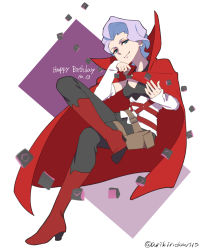 Rule 34 | 1girl, arikindows10, artist name, birthday, blue eyes, boots, cloak, croix meridies, cube, dated, hand up, happy birthday, highres, invisible chair, knee boots, little witch academia, looking at viewer, purple hair, red cloak, red footwear, short hair, simple background, sitting, smile, solo, twitter username, white background