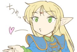 Rule 34 | 1girl, armor, blonde hair, blowing kiss, breasts, deedlit, elf, green eyes, heart, highres, long hair, outstretched arm, pointy ears, puckered lips, record of lodoss war, small breasts, solo