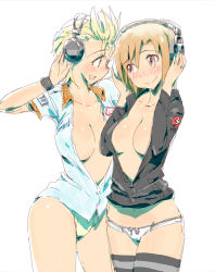 Rule 34 | 10s, 2girls, blonde hair, blush, breasts, brown hair, cleavage, full-face blush, hand on headphones, headphones, idolmaster, idolmaster cinderella girls, kimura natsuki, looking at another, medium breasts, multiple girls, no pants, open clothes, open shirt, panties, shirt, short hair, sketch, smile, striped clothes, striped legwear, striped thighhighs, tada riina, thighhighs, underwear, zasha