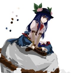 Rule 34 | 1girl, bad id, bad pixiv id, blue hair, boots, cross-laced footwear, digital (digital001), female focus, food, fruit, hat, hinanawi tenshi, indian style, keystone, lace-up boots, long hair, peach, red eyes, rope, shide, shimenawa, sitting, sketch, solo, touhou, v arms
