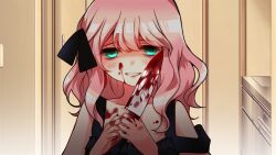 1girl aqua_eyes black_dress blood blood_on_face blood_on_hands blush charon_kn commentary_request dress empty_eyes holding holding_knife indoors knife long_hair looking_at_viewer original pink_hair smile solo yandere