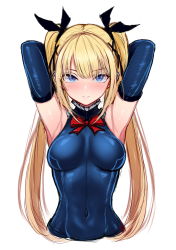 Rule 34 | 1girl, armpits, arms up, artist request, bad id, bad pixiv id, black ribbon, blonde hair, blue eyes, blue legwear, blue one-piece swimsuit, blush, breasts, dead or alive, dead or alive 5, elbow gloves, gloves, hair ribbon, highres, leotard, long hair, looking at viewer, marie rose, one-piece swimsuit, ribbon, solo, swimsuit, twintails