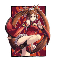 Rule 34 | 1girl, absurdres, ankle boots, bare shoulders, black footwear, boots, breasts, brown eyes, brown hair, china dress, chinese clothes, cleavage, cowboy shot, detached sleeves, dress, fighting stance, fish.boy, frills, guilty gear, hair ornament, hair rings, hairclip, high kick, highres, impossible clothes, impossible dress, kicking, kuradoberi jam, large breasts, leg up, long hair, looking at viewer, multicolored footwear, open mouth, outline, panties, pantyshot, pelvic curtain, red dress, red footwear, short dress, skin tight, sleeveless, sleeveless dress, smile, solo, standing, standing on one leg, underwear, vambraces, very long hair, white outline, wide sleeves