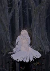 Rule 34 | 1girl, absurdres, angel, angel wings, berry, closed eyes, dress, feathered wings, forest, halo, hidari (nanmu-left), highres, leaf, long hair, nature, original, outdoors, partially submerged, procreate (medium), scenery, sitting, sleeping, solo, tree, very long hair, white dress, white hair, wings