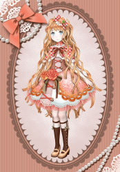 Rule 34 | 1girl, absurdres, arm at side, bare shoulders, blonde hair, blue eyes, blush, bow, braid, brown bow, brown footwear, brown socks, buttons, collarbone, commentary request, corset, crown braid, daisan oujo, detached collar, doily, flower, food, food-themed hair ornament, full body, gem, hair ornament, high heels, highres, ice cream, kneehighs, lace, looking up, mary janes, original, pale skin, parted lips, pearl (gemstone), powdered sugar, red bow, red flower, red rose, rose, shoes, skirt, socks, solo, standing, striped, striped background, striped bow, vertical stripes, wavy hair, yellow flower, yellow rose