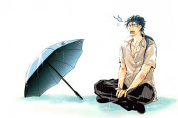 Rule 34 | 1boy, blue hair, casual, cigarette, crimo, cu chulainn (fate), cu chulainn (fate/stay night), fate/hollow ataraxia, fate/stay night, fate (series), gradient background, indian style, long hair, male focus, ponytail, sitting, solo, umbrella, white background, yawning