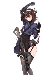 Rule 34 | 1girl, android, blush, brown hair, garter straps, girls&#039; frontline, gloves, gun, hairband, highres, looking at viewer, magpul, mechanical arms, orange eyes, parted lips, pouch, single mechanical arm, submachine gun, thighhighs, type 79 (girls&#039; frontline), type 79 smg, weapon, yeklsa