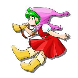 Rule 34 | 1980s (style), 1girl, belt, boots, dress, fairy, female focus, flying, green eyes, green hair, grimm&#039;s fairy tales, hood, horn (instrument), hyakuen raitaa, matching hair/eyes, oldschool, profile, retro artstyle, short sleeves, simple background, solo, white background, world masterpiece theater