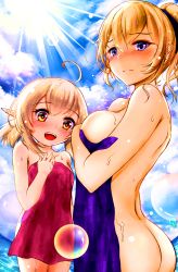 Rule 34 | 2girls, :d, absurdres, ahoge, alternate costume, ass, bare shoulders, bareback, blonde hair, blue eyes, blue sky, blush, bow, breasts, bubble, cleavage, cloud, cloudy sky, collarbone, commentary request, covering privates, fisheye, frown, genshin impact, hair between eyes, hair bow, hair ribbon, highres, horizon, in water, izumikuu, jean (genshin impact), klee (genshin impact), large breasts, light brown hair, long hair, looking at viewer, low twintails, multiple girls, naked towel, nude cover, open mouth, orange eyes, pointy ears, ponytail, ribbon, sidelocks, sky, small breasts, smile, sunlight, teeth, towel, twintails, upper teeth only, wet