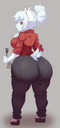 Rule 34 | 1girl, absurdres, ass, black pants, breasts, cheesoart, fork, from behind, furry, goat girl, goat tail, grey background, hair bun, helltaker, highres, horns, huge ass, large breasts, looking back, lucifer (helltaker), pants, red eyes, red shirt, shirt, solo, thick thighs, thighs, white hair, wide hips