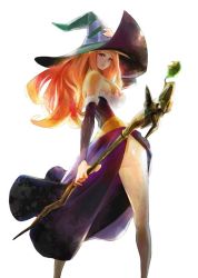 Rule 34 | 1girl, ass, bare shoulders, bengus, breasts, detached sleeves, dragon&#039;s crown, female focus, hat, large breasts, long hair, long skirt, looking back, orange hair, side slit, skirt, solo, sorceress (dragon&#039;s crown), staff, striped, vanillaware, vertical stripes, witch hat