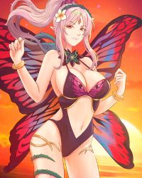 Rule 34 | 1girl, absurdres, animal print, bare shoulders, black one-piece swimsuit, bracelet, breasts, brown eyes, butterfly print, butterfly wings, cleavage, clothing cutout, cowboy shot, facial mark, fairy wings, female focus, fire emblem, fire emblem heroes, forehead mark, grey hair, highres, insect wings, jewelry, large breasts, leotard, navel, nintendo, official alternate costume, one-piece swimsuit, plant, plumeria (fire emblem), ponytail, smile, solo, stomach cutout, sunset, swimsuit, thorns, truejekart, twilight, vines, wings