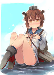 Rule 34 | 10s, 1girl, ass, blush, brown eyes, brown hair, covering privates, covering breasts, dress, flying sweatdrops, hair ornament, kantai collection, looking at viewer, panties, personification, sailor dress, school uniform, serafuku, shin (new), short hair, solo, underwear, wet, white panties, yukikaze (kancolle)