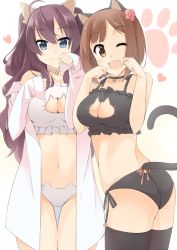 Rule 34 | 10s, 2girls, :3, :d, ahoge, animal ears, ass, bare legs, bare shoulders, bell, blue eyes, breasts, brown eyes, brown hair, cat cutout, cat ear panties, cat ears, cat girl, cat lingerie, choker, cleavage cutout, clothing cutout, fang, female focus, flat ass, green eyes, ichinose shiki, idolmaster, idolmaster cinderella girls, jingle bell, large breasts, legs, lingerie, long hair, looking at viewer, looking back, maekawa miku, meme attire, midriff, multiple girls, navel, neck bell, one eye closed, open mouth, panties, paw pose, paw print, paw print background, sasakura, short hair, side-tie panties, sleeves past wrists, smile, standing, tail, thighhighs, two side up, underwear, wink