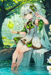 Rule 34 | 1girl, absurdres, barefoot, bloomers, chen ying (alan-yut), dress, feet, flower, genshin impact, gradient hair, green eyes, green sleeves, hair between eyes, hair ornament, highres, holding, leaf hair ornament, long hair, looking at viewer, multicolored hair, nahida (genshin impact), outdoors, pointy ears, side ponytail, sidelocks, smile, soles, solo, toes, underwear, white bloomers, white dress, white hair