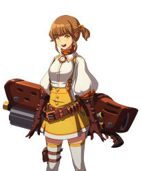 Rule 34 | 1girl, arms at sides, belt, brown hair, buttons, collared shirt, commentary, cowboy shot, cropped legs, ears visible through hair, gloves, hair ornament, hair tie, highres, jungon kim, long sleeves, looking at viewer, multicolored clothes, multicolored legwear, open mouth, original, puffy sleeves, red gloves, shirt, short hair, sidelocks, simple background, skirt, smile, solo, standing, teeth, turtleneck, white background, yellow eyes, yellow skirt