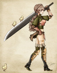 Rule 34 | 1girl, armor, ass, belt, bird, boots, breastplate, brown eyes, brown hair, chick, choker, gauntlets, gloves, greaves, long hair, midriff, ponytail, sword, thigh boots, thigh strap, thighhighs, weapon, zozo