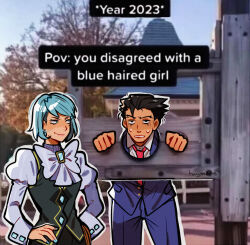 Rule 34 | 1boy, 1girl, absurdres, ace attorney, artist name, black hair, black skirt, black vest, blue eyes, blue hair, blue jacket, blue nails, blue pants, blue suit, bow, bowtie, buttons, clenched teeth, collared shirt, commentary, cowboy shot, english commentary, english text, formal, franziska von karma, hands on own hips, highres, huyandere, jacket, juliet sleeves, long sleeves, looking at another, looking at viewer, meme, necktie, outline, pants, phoenix wright, photo background, pillory, pocket, puffy sleeves, red necktie, restrained, shirt, short hair, skirt, sleeve cuffs, smile, smug, spiked hair, standing, suit, suit jacket, sweat, swept bangs, teeth, upper body, vest, white bow, white bowtie, white outline, white shirt
