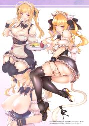 Rule 34 | 1girl, absurdres, ahoge, anal tail, animal ears, apron, ass, black thighhighs, blonde hair, blush, breasts, breasts out, breath, butt plug, cat ears, cat tail, cleavage, corset, cum, cumdrip, deep skin, fake animal ears, fake tail, garter straps, hair ribbon, hairband, high heels, highres, inverted nipples, kagami uekusa, large breasts, long hair, maid headdress, multiple views, nijisanji, nipples, parted lips, pink eyes, ribbon, smile, solo focus, sweatdrop, tail, takamiya rion, takamiya rion (3rd costume), thighhighs, twintails, underbust, virtual youtuber, waist apron