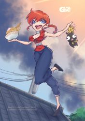 Rule 34 | 1girl, puff of air, absurdres, animal, blue eyes, braid, breasts, chinese clothes, goldennyami, highres, large breasts, pig, ranma-chan, ranma 1/2, red hair, red shirt, shirt