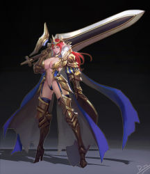 Rule 34 | &gt;:), 1girl, armor, armored boots, black thighhighs, blue panties, boots, breasts, cape, center opening, cleavage, closed mouth, crown, elf, full body, gauntlets, high heel boots, high heels, highleg, highleg panties, highres, holding, holding sword, holding weapon, huge weapon, large breasts, long hair, looking at viewer, navel, original, over shoulder, panties, pauldrons, pointy ears, red eyes, red hair, revealing clothes, shoulder armor, sidelocks, smile, smjim1986, solo, standing, stomach, sword, thighhighs, thighhighs under boots, underwear, v-shaped eyebrows, weapon, weapon over shoulder